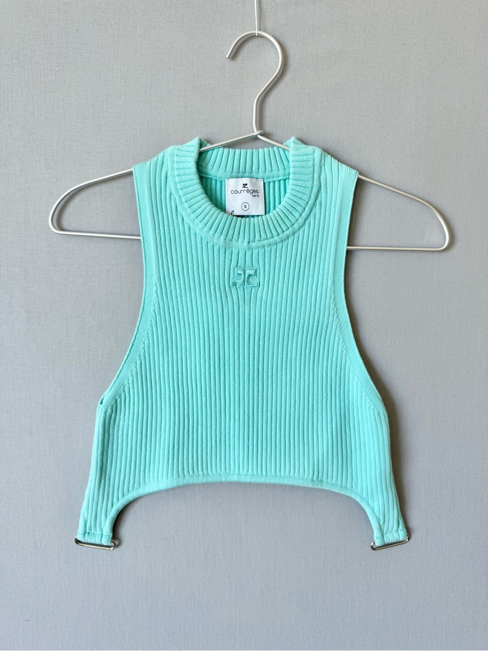 Courrèges Rib Knit Suspender Crop Top in a Vibrant Turquoise - Size Small